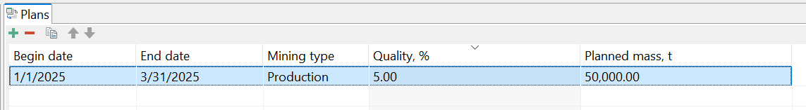 A table displays plans with columns: Begin date, End date, Mining type, Quality (%), and Planned mass (t).