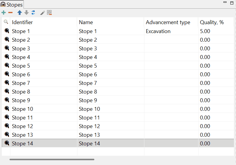 The animation shows rows in a table being sequentially updated, changing the "Advancement type" to "Excavation" and the "Quality, %" to "5.00" across all entries.