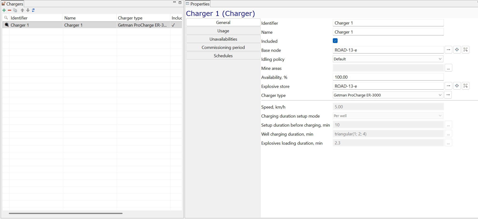 Interface displaying charger details: Identifier, Name, Charger type, Speed, Setup duration, Availability, and other properties.