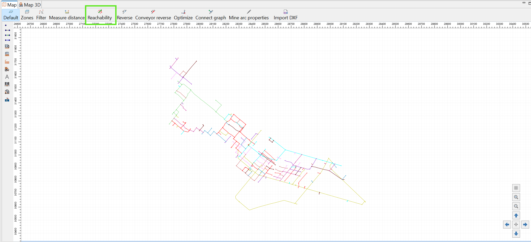 Technical diagram with colorful interconnected lines, grid background, and toolbar for various mapping operations.