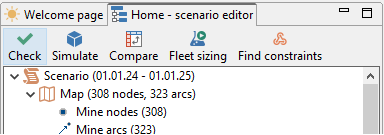 Interface showing scenario editor toolbar with options: Check, Simulate, Compare, Fleet sizing, Find constraints.