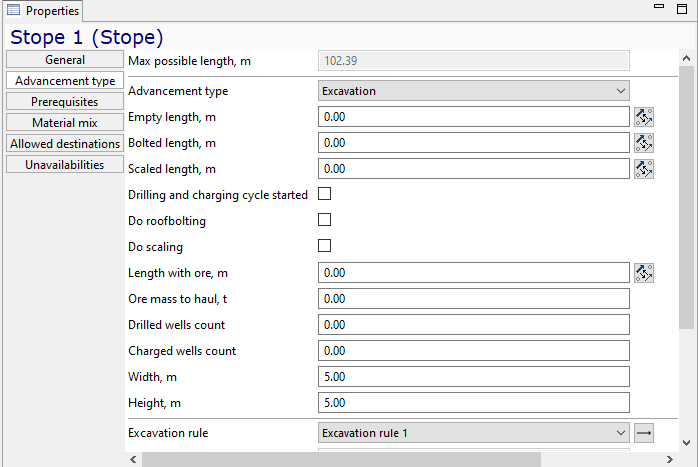Properties window for stope containing fields for excavation details, dimensions, and options with drop-down menus and checkboxes.
