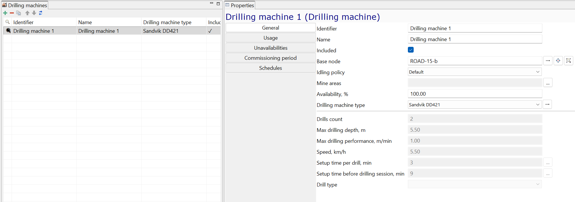 Interface displaying drilling machine details, including identifiers, type, availability, performance, and settings.