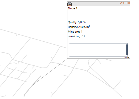 Map with overlay window showing stope details: quality 5.00%, density 2.00 t/m³, mine area 1, remaining 0 t.