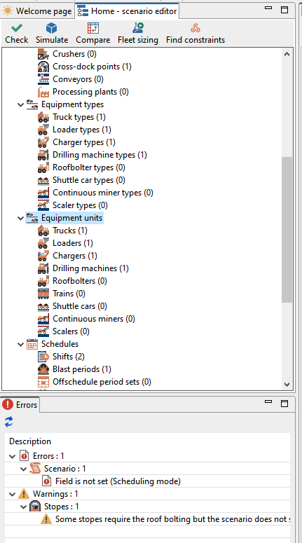 Scenario editor interface displaying equipment types and units with error and warning messages below.