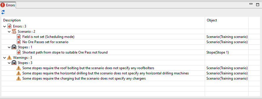 Error and warning list showing 3 errors and 3 warnings related to scenarios and stopes in scheduling mode.