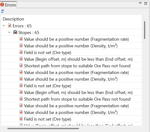 Error list showing 65 issues, including missing values and path errors, under the "Stopes" category.