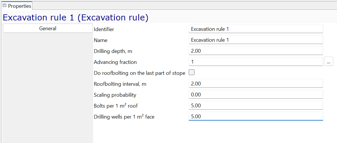 UI displaying excavation rule parameters: identifier, drilling depth, advancing fraction, roofbolting, scaling probability, bolts, wells.