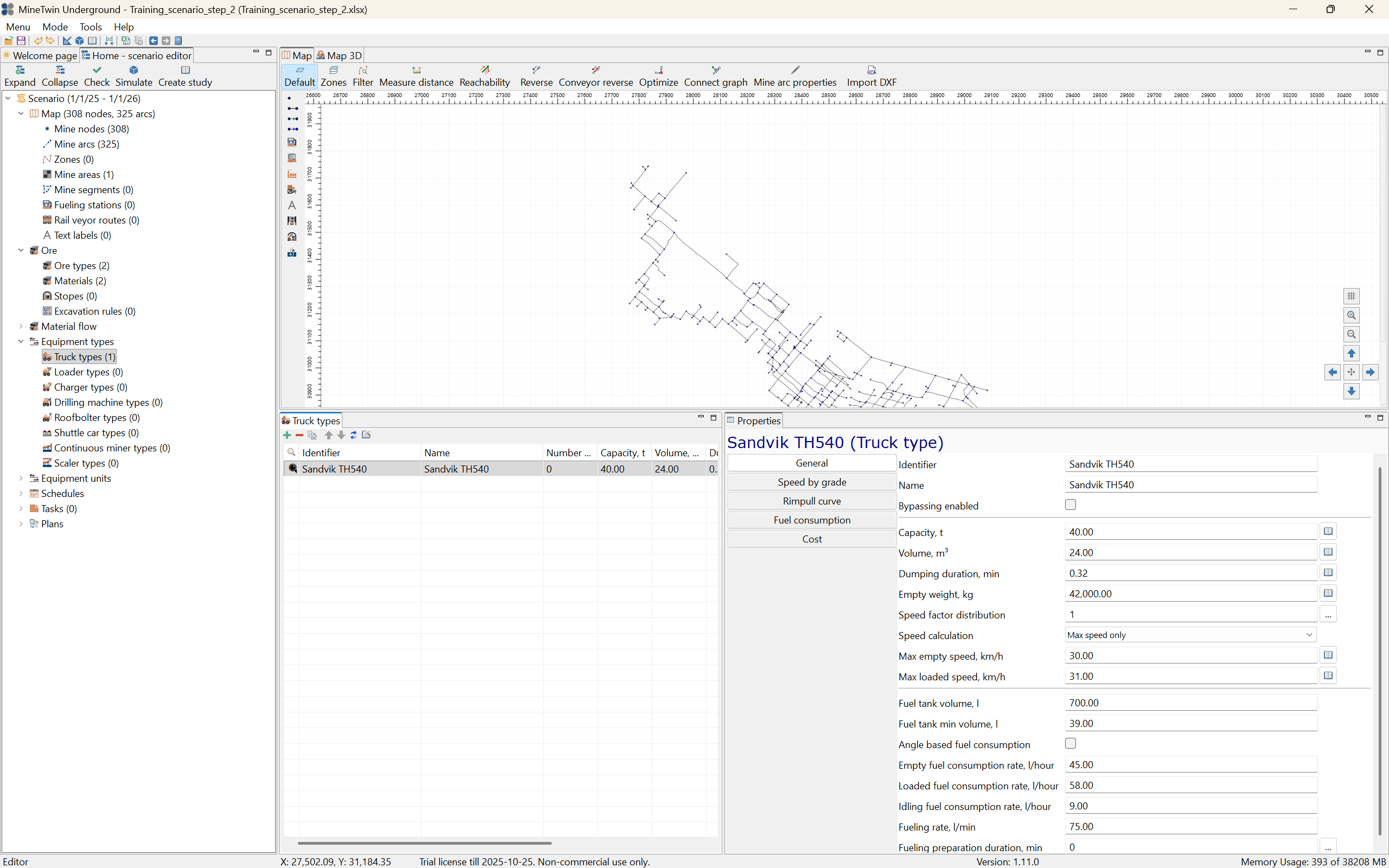 Software interface showing underground mine layout, equipment types, and properties of Sandvik TH540 truck type.
