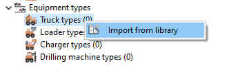 A dropdown menu under \"Loader types\" with an option to \"Import from library\" in the \"Equipment types\" list.