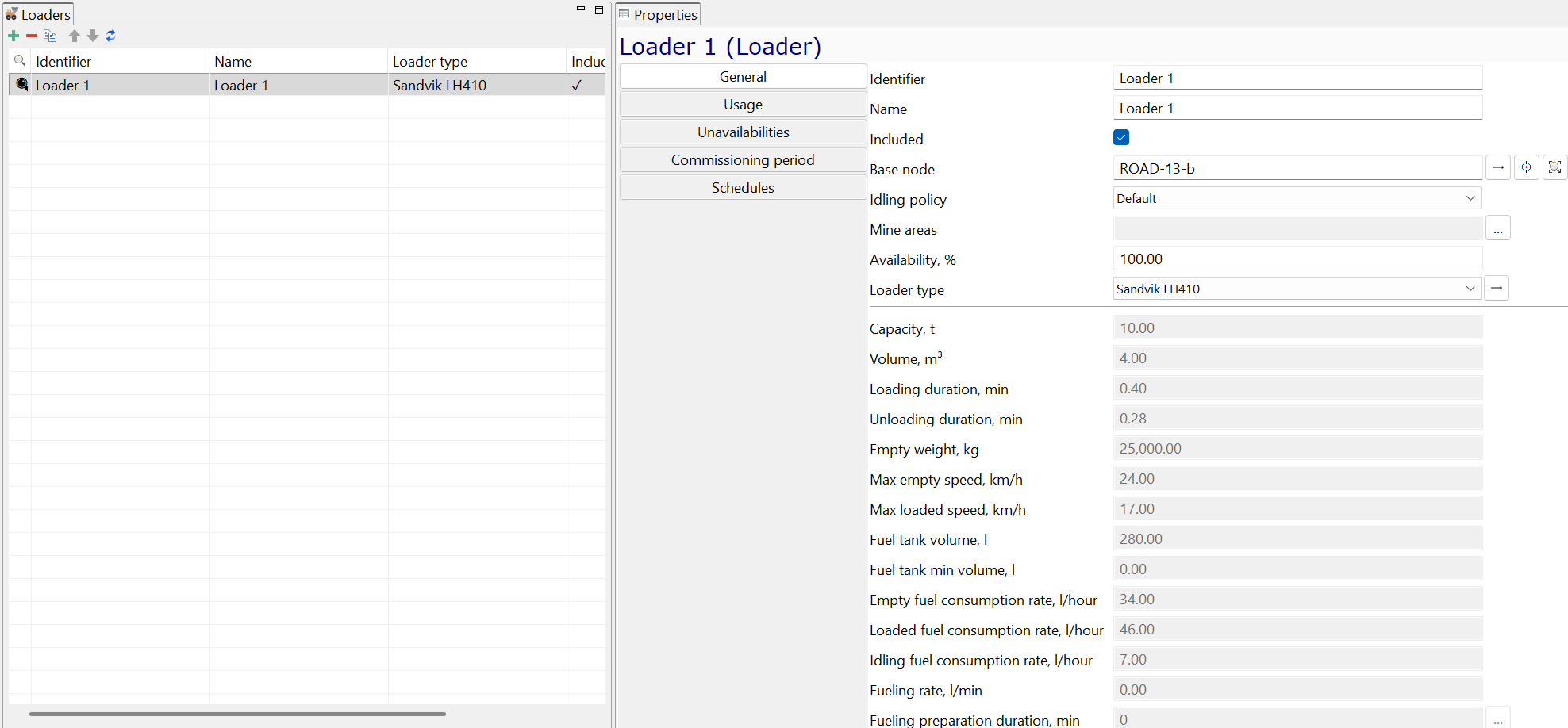 Loader configuration interface showing loader details including type, capacity, and fuel consumption rates.