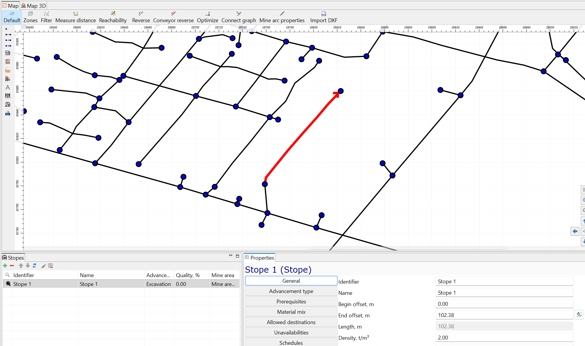 Network graph with blue nodes and black lines; red line highlights a path. Stope 1 details displayed in properties pane.