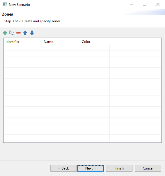 Dialog box for creating zones, step 3 of 7. Features add, edit, remove icons, and a table with columns: Identifier, Name, Color.