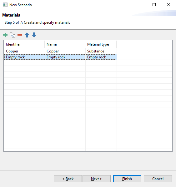 Material selection interface with a table listing identifiers, names, and material types. Finish button enabled.