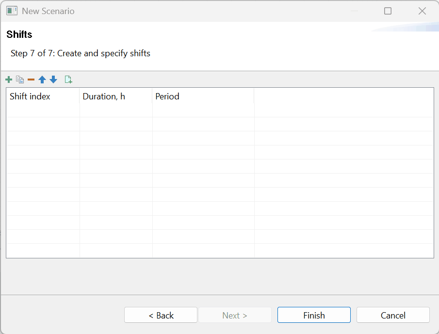 A shift creation dialog opens, parameters are entered for shifts, resulting in a table showing two shifts with specified durations and periods.