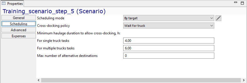 Scheduling settings display with cross-docking options for single/multiple trucks, and alternative destination limits.