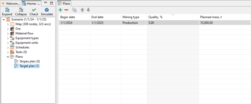 Application window with a mining plan table showing dates, mining type, quality percent, and planned mass in the settings.