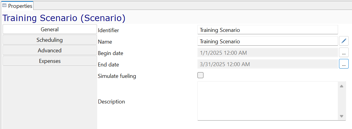 "Training Scenario" properties panel with tabs: General, Scheduling, Advanced, Expenses. Inputs for name, dates, simulate fueling.