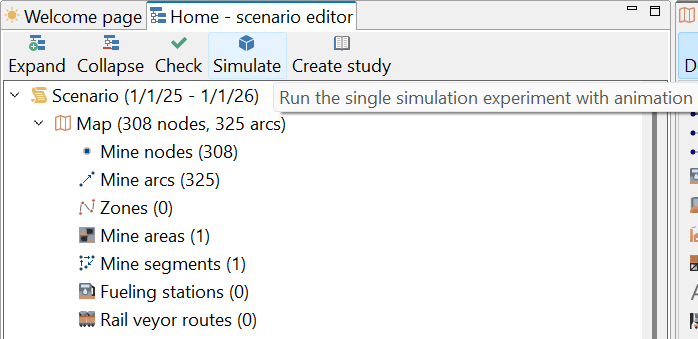 Screenshot of a simulation editor showing a scenario map with mine nodes, arcs, areas, segments, and a simulation button.
