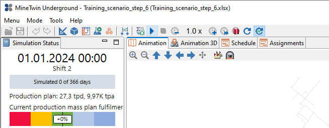 Simulation interface showing date, shift, and production stats with navigation and animation controls.