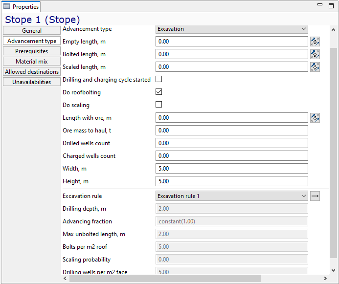 Properties window for Stope 1 with excavation parameters, advancement rules, and measurement fields.