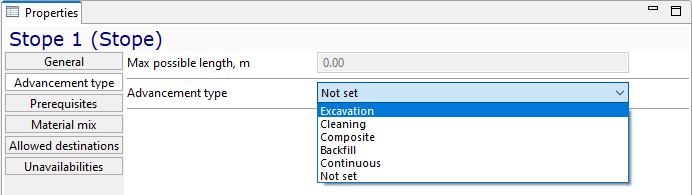 Dropdown menu under "Advancement type" lists options: Not set, Excavation, Cleaning, Composite, Backfill, Continuous.