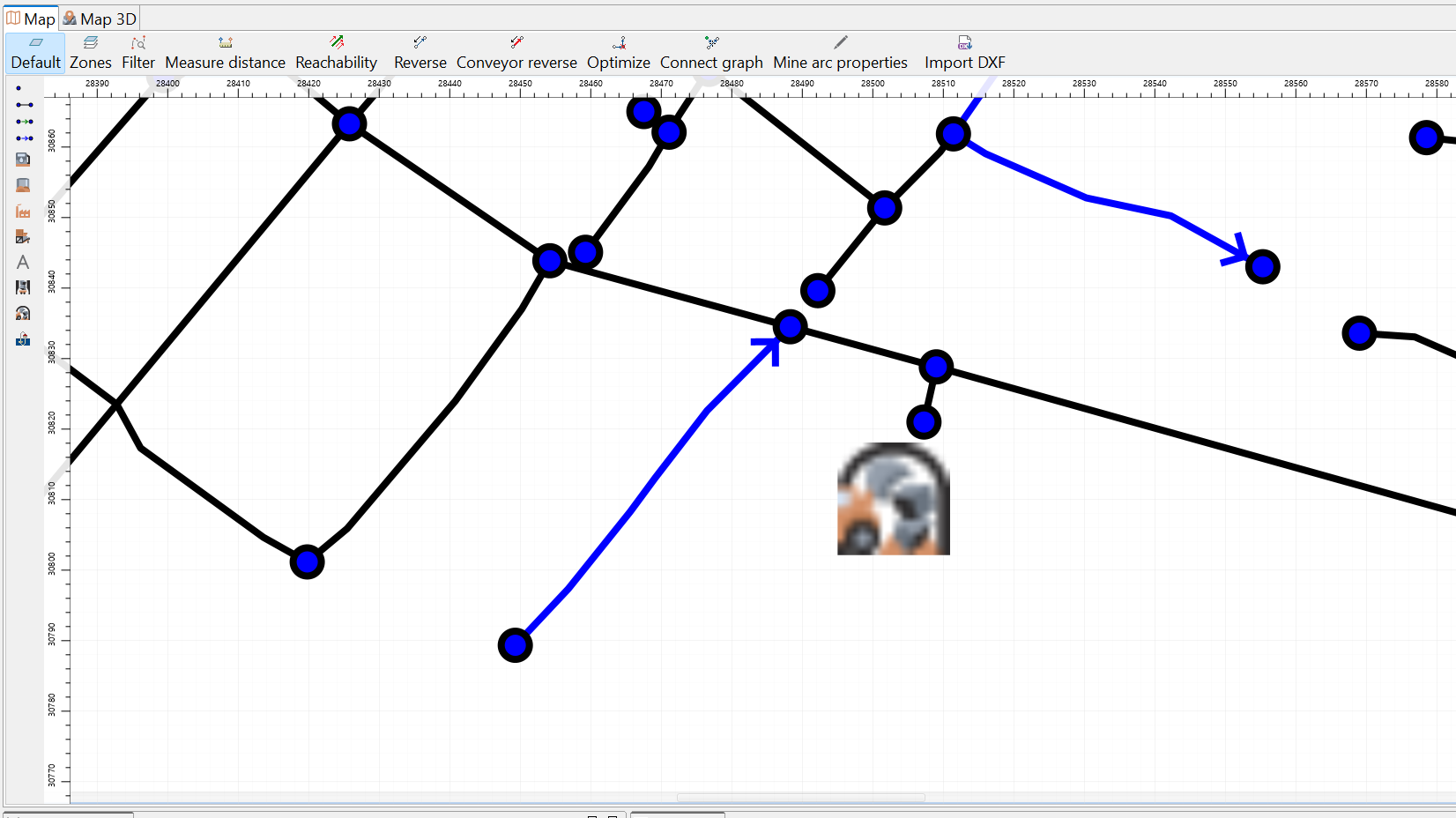 Diagram showing interconnected nodes with blue lines and arrows, overlaid with software toolbar for mapping and optimization.