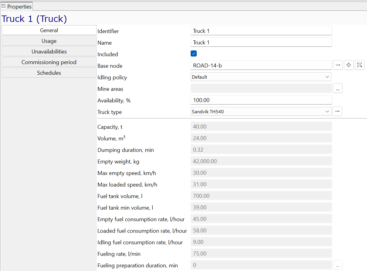 Truck 1’s properties in a table: identifier, base node, idling policy, capacity, and various performance metrics displayed.